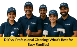 Professional house cleaning team meticulously cleaning a modern home, showcasing the time-saving benefits for busy families.