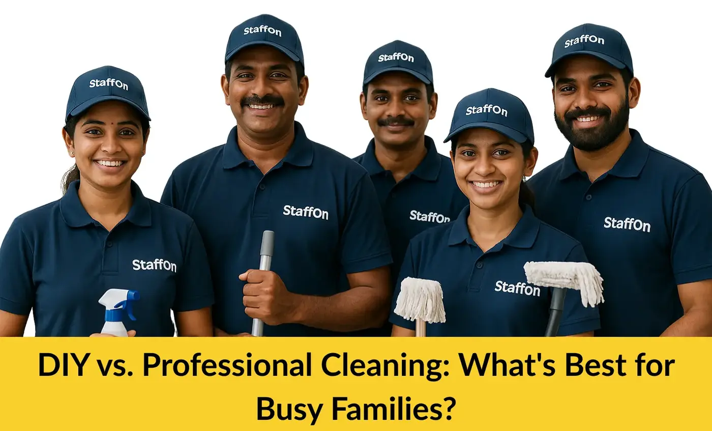 Professional house cleaning team meticulously cleaning a modern home, showcasing the time-saving benefits for busy families.