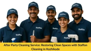 Professional cleaners from Staffon Cleaning Service cleaning a party venue in Kozhikode